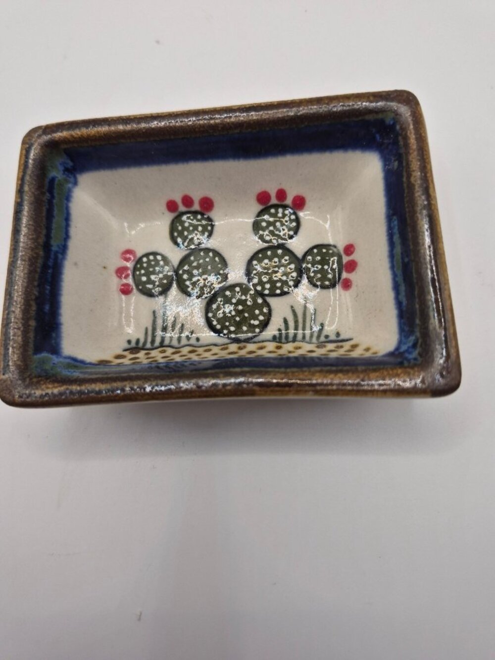 Hand-Painted Ceramic Rectangular Trinket Dish With Cactus Design By DCasa
